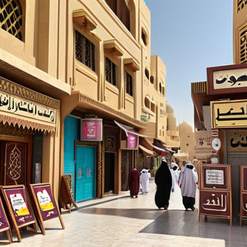 Home 4 **A bustling Qatari street scene with signs in both Arabic and English, showcasing the multilingual environment. Focus on the vibrant mix of traditional and modern elements.**