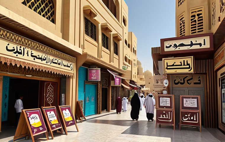 **A bustling Qatari street scene with signs in both Arabic and English, showcasing the multilingual environment. Focus on the vibrant mix of traditional and modern elements.**