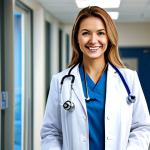 **

"A professional female doctor in a fully clothed, modest white coat, stethoscope around her neck, smiling gently in a bright, modern hospital setting, appropriate attire, safe for work, perfect anatomy, correct proportions, natural pose, well-formed hands, proper finger count, natural body proportions, professional medical environment."

**