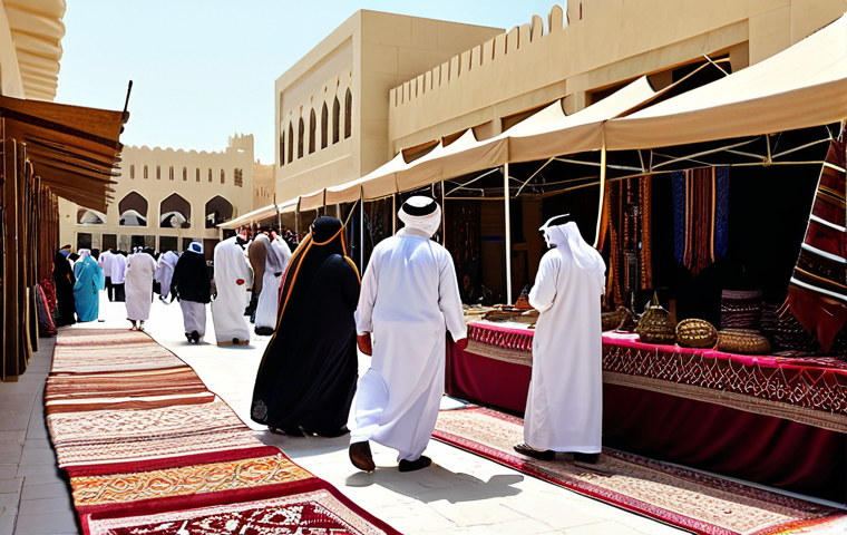 **
"A bustling marketplace in Doha, Qatar, filled with vibrant textiles and handcrafted goods. Fully clothed vendors in traditional Qatari dress are displaying their wares. Customers, also in modest attire, are examining carpets, jewelry, and wooden crafts. In the background, traditional Qatari architecture can be seen. The scene is filled with natural light, creating a warm and inviting atmosphere. safe for work, appropriate content, fully clothed, professional photography, perfect anatomy, natural proportions, family-friendly."
**