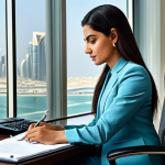**

A modern businesswoman in Qatar, wearing a modest business suit, working at a desk in a West Bay office tower. The scene should be professional, fully clothed, and safe for work. Perfect anatomy, natural proportions, high quality.

**