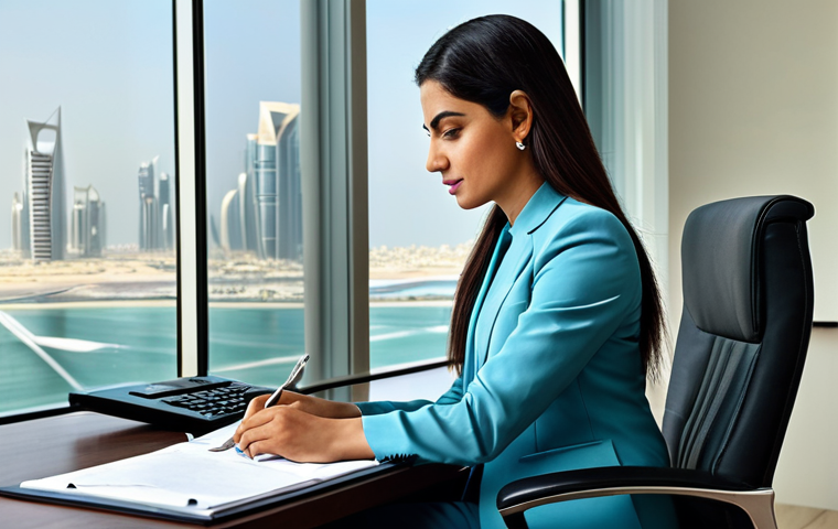 **
A modern businesswoman in Qatar, wearing a modest business suit, working at a desk in a West Bay office tower. The scene should be professional, fully clothed, and safe for work. Perfect anatomy, natural proportions, high quality.
**