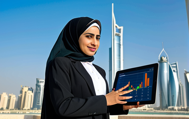 카타르의 페르시아만 전쟁 - **
"A professional Qatari woman in modest business attire, standing in front of the Doha skyline, h...