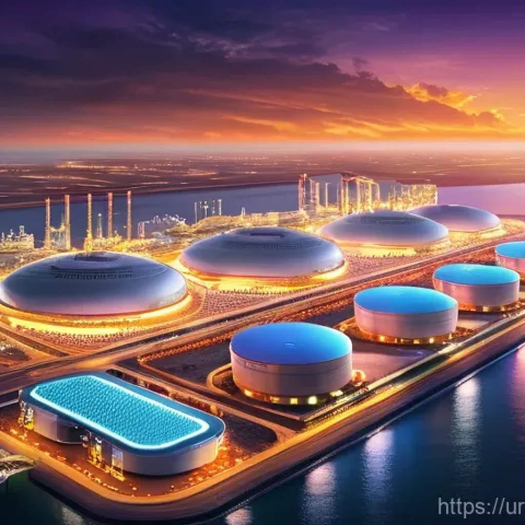 카타르의 LNG 산업 - **Prompt:** A visually striking, futuristic depiction of Qatar's massive LNG production and export f...