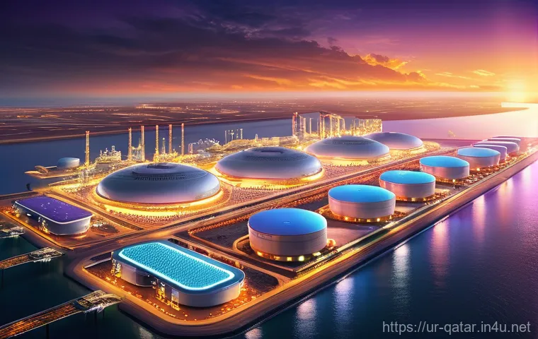 카타르의 LNG 산업 - **Prompt:** A visually striking, futuristic depiction of Qatar's massive LNG production and export f...