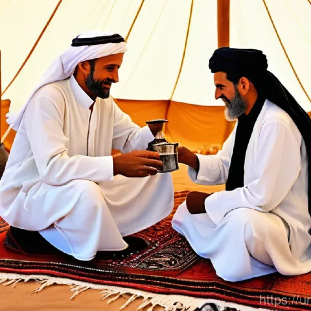 카타르의 베두인 문화 - A warm and inviting scene inside a traditional Bedouin tent. An elderly Bedouin man, with a gentle s...