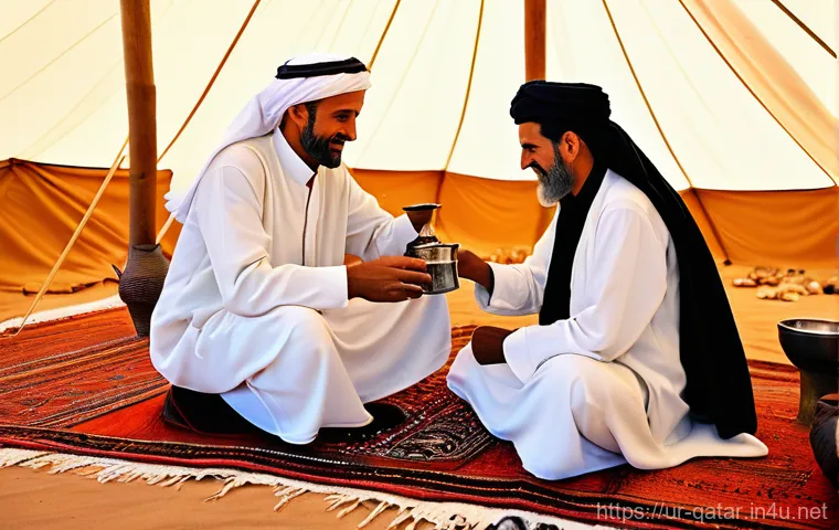 카타르의 베두인 문화 - A warm and inviting scene inside a traditional Bedouin tent. An elderly Bedouin man, with a gentle s...