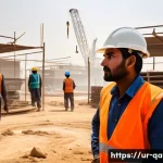 Home 20 카타르의 노동자 사망 사건 - A detailed scene of South Asian migrant workers in a Gulf country construction site, wearing safety ...