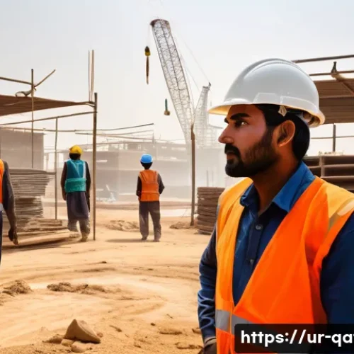 Home 32 카타르의 노동자 사망 사건 - A detailed scene of South Asian migrant workers in a Gulf country construction site, wearing safety ...