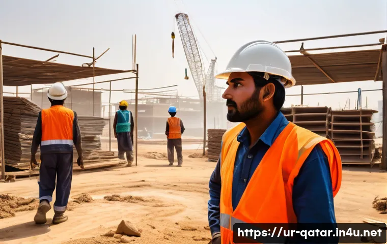 카타르의 노동자 사망 사건 - A detailed scene of South Asian migrant workers in a Gulf country construction site, wearing safety ...