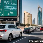 Home 19 카타르 법규와 벌금 - A detailed street scene in Doha, Qatar showing diverse expatriates and locals adhering to traffic la...
