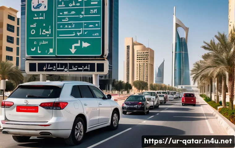 카타르 법규와 벌금 - A detailed street scene in Doha, Qatar showing diverse expatriates and locals adhering to traffic la...
