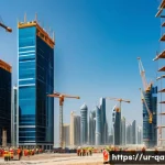 Home 18 카타르와 남아시아 출신 이민자 - A vibrant construction site in Qatar showcasing hardworking South Asian migrant workers wearing safe...