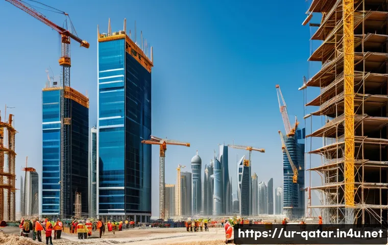 카타르와 남아시아 출신 이민자 - A vibrant construction site in Qatar showcasing hardworking South Asian migrant workers wearing safe...