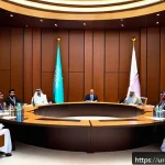 Home 23 카타르 에미르 타밈 빈 하마드 - A sophisticated diplomatic meeting scene set in Doha, Qatar, showing diverse diplomats in formal bus...