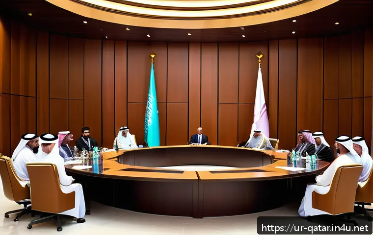 카타르 에미르 타밈 빈 하마드 - A sophisticated diplomatic meeting scene set in Doha, Qatar, showing diverse diplomats in formal bus...