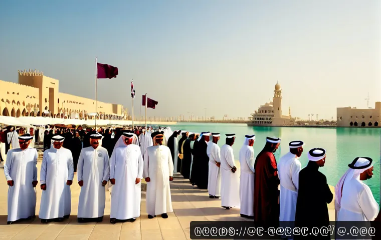 Home 11 카타르 독립 과정 - Photorealistic historical scene of Qatar’s independence era, dignified Qatari leaders in traditional...
