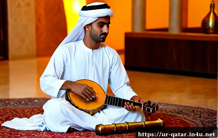 카타르 전통 음악가 - Photorealistic Qatari traditional musician in a white thobe and neatly draped ghutra playing an oud ...