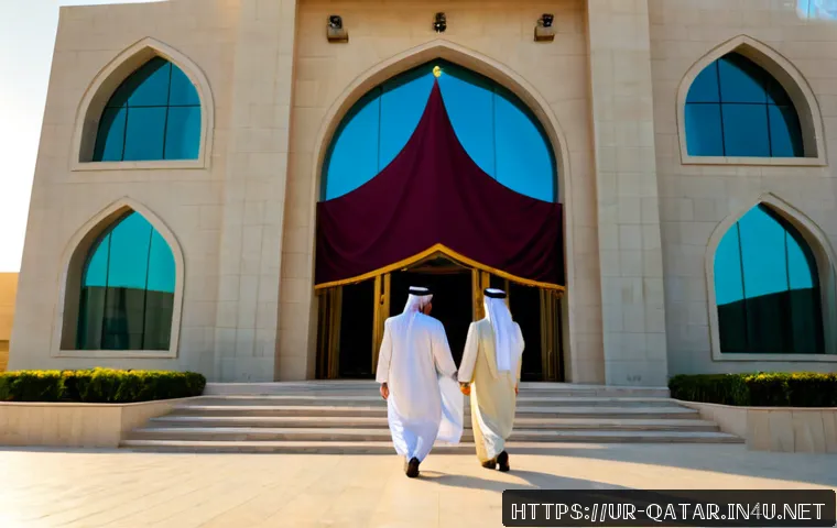 카타르와 바레인의 정치 구조 - Photorealistic diplomatic government scene in Doha, Qatar: a grand modern government building with e...